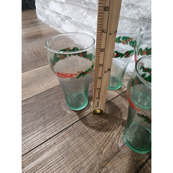 Vintage 12 " Green Tint Christmas Coca-Cola Glasses   Set Of 7 - Picture 9 of 11